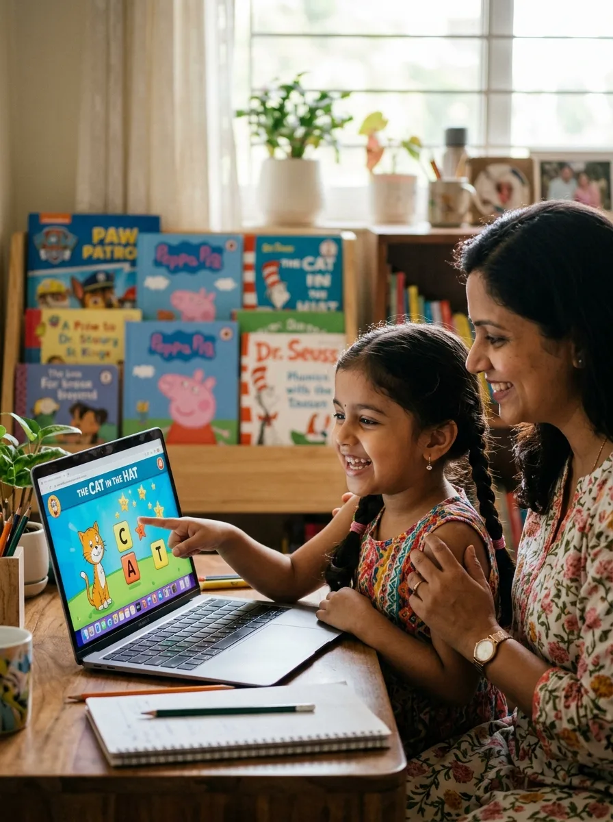 Mother and child enjoying a live phonics reading session